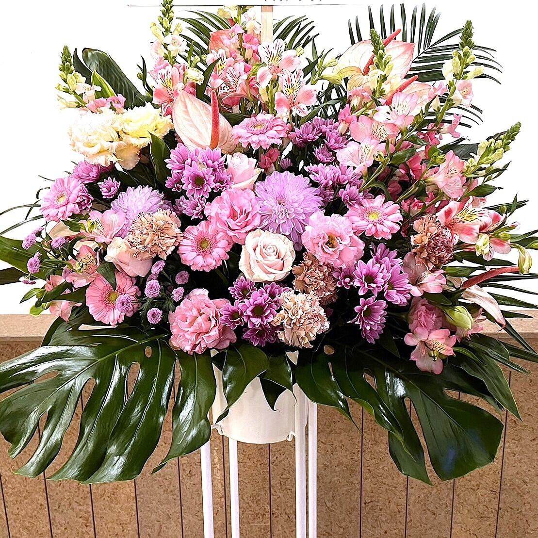 スタンド花「ピンクミックスカラースタンド1段」お祝い花 フラワースタンド ピンクMIX 1段パイプ 開店祝い 開業祝い