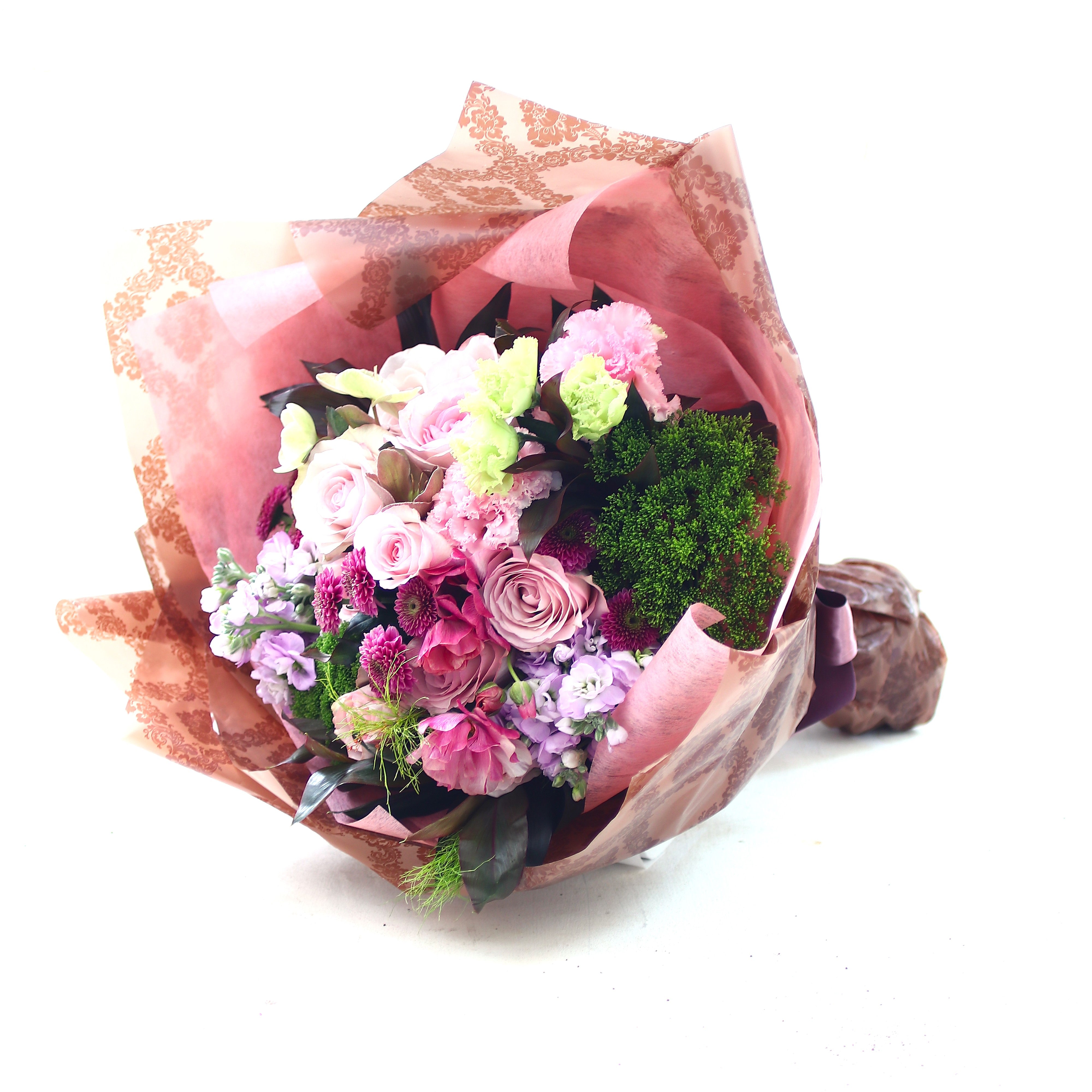 花束 ギフト「バラのスモーキーピンクとグリーンのシックなブーケ」バラ 落ち着いた 大人の雰囲気