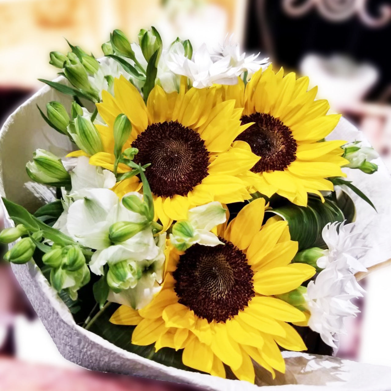 ヒマワリ 花束「ヒマワリと白い花の爽やかブーケ」ひまわり 花束 Sサイズ