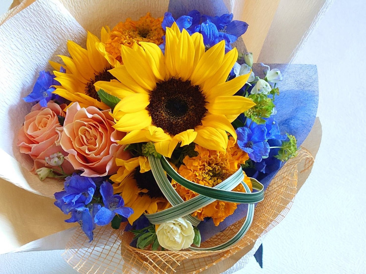 父の日 花束「ひまわりのHappyフレッシュブーケ」Mサイズ ブーケ ヒマワリ 黄色 オレンジ系
