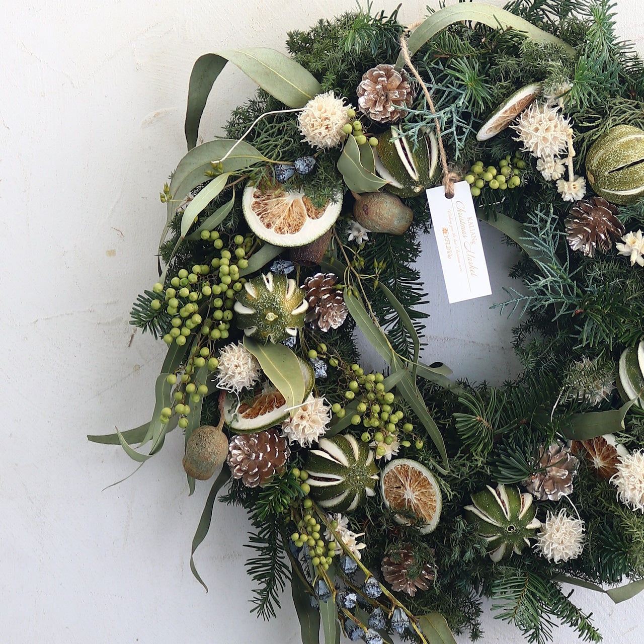 クリスマスリース「シトラスなグリーンのクリスマスリース」リース Lサイズ ドア飾り クリスマスギフト 白系 グリーン系 柑橘類 スライスオレンジ 自然素材