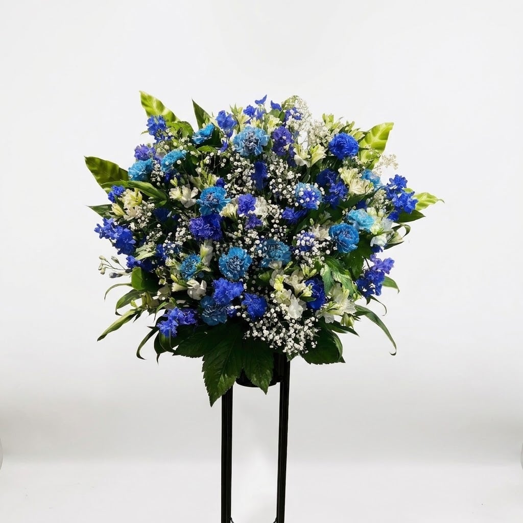スタンド花「 青系 1段 ブルー&ホワイト ボリューム仕立て 」25,000円(税別) 開店祝い 開業祝い 公演祝い 出演祝い 移転祝い 六本木近隣配送無料 お祝い 青 Lサイズ