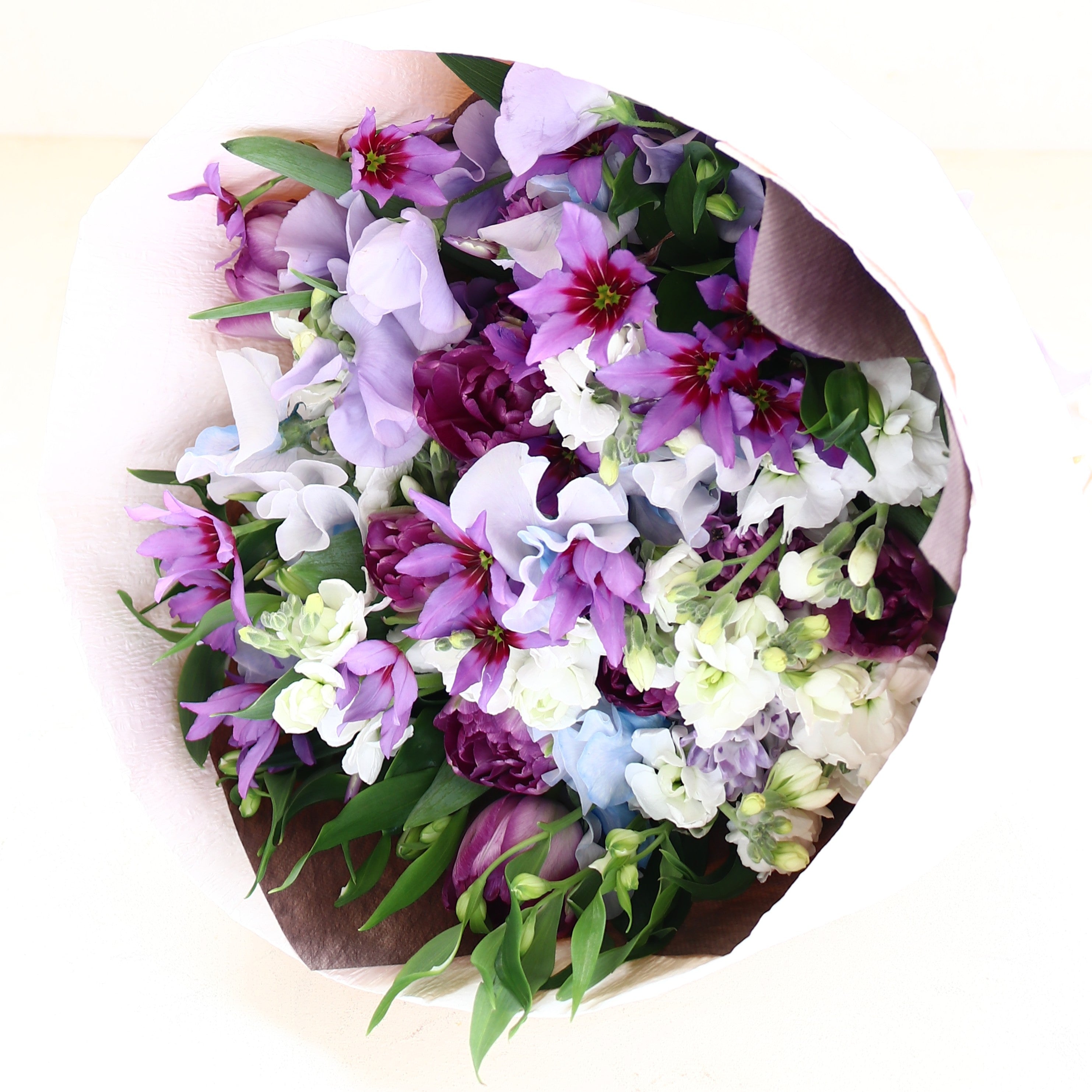 春の花束「春の香りをぎゅっと詰め込んだ紫系の大人ミックスブーケ」Mサイズ バレンタインデー お誕生日 結婚式 送別 プレゼント ギフト