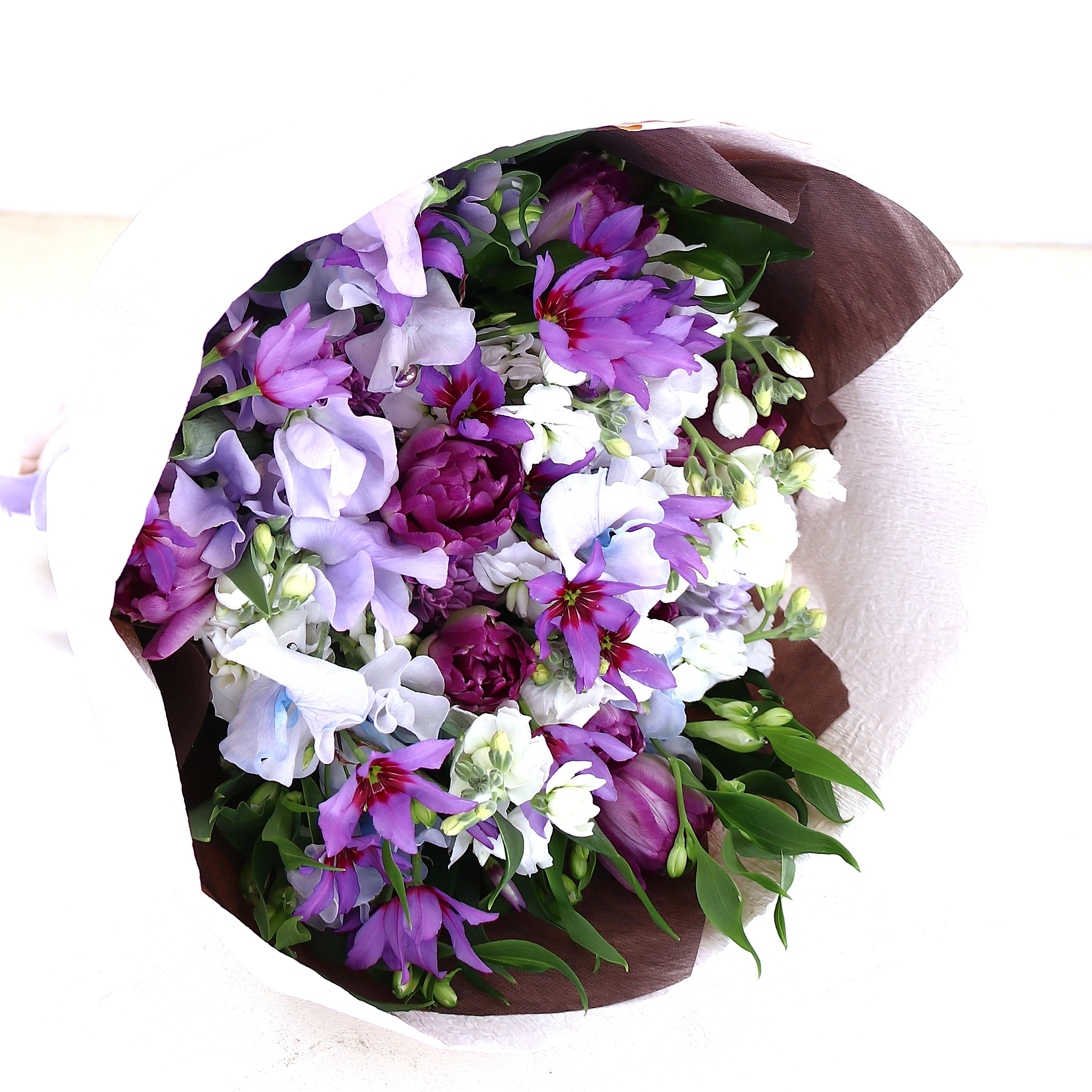 春の花束「春の香りをぎゅっと詰め込んだ紫系の大人ミックスブーケ」Mサイズ バレンタインデー お誕生日 結婚式 送別 プレゼント ギフト