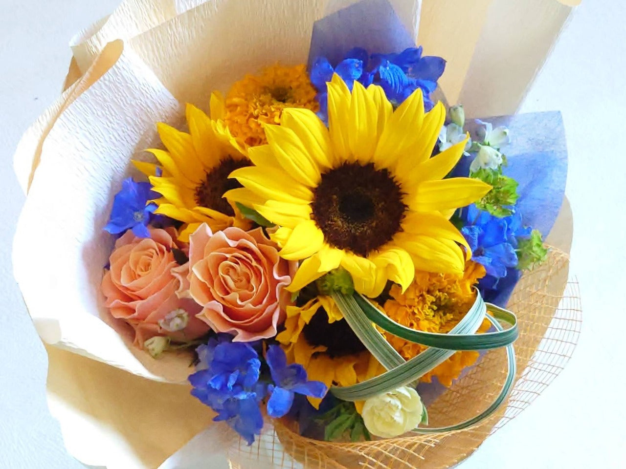 父の日 花束「ひまわりのHappyフレッシュブーケ」Mサイズ ブーケ ヒマワリ 黄色 オレンジ系