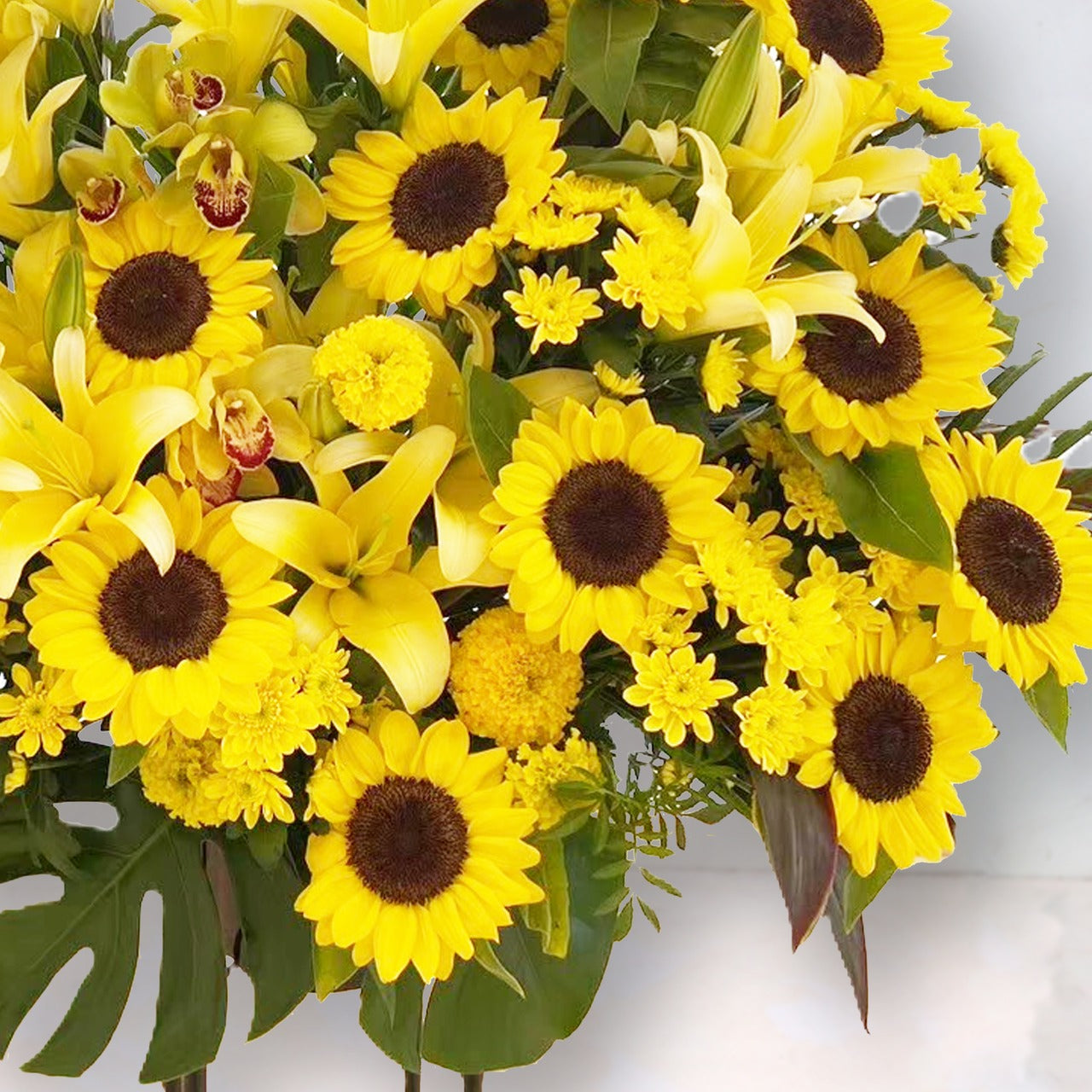 ヒマワリ スタンド花「大輪ヒマワリのスタンド1段」お祝い花 フラワースタンド 黄色オレンジ系MIX 1段パイプ 開店祝い 開業祝い ひまわり スタンドフラワー