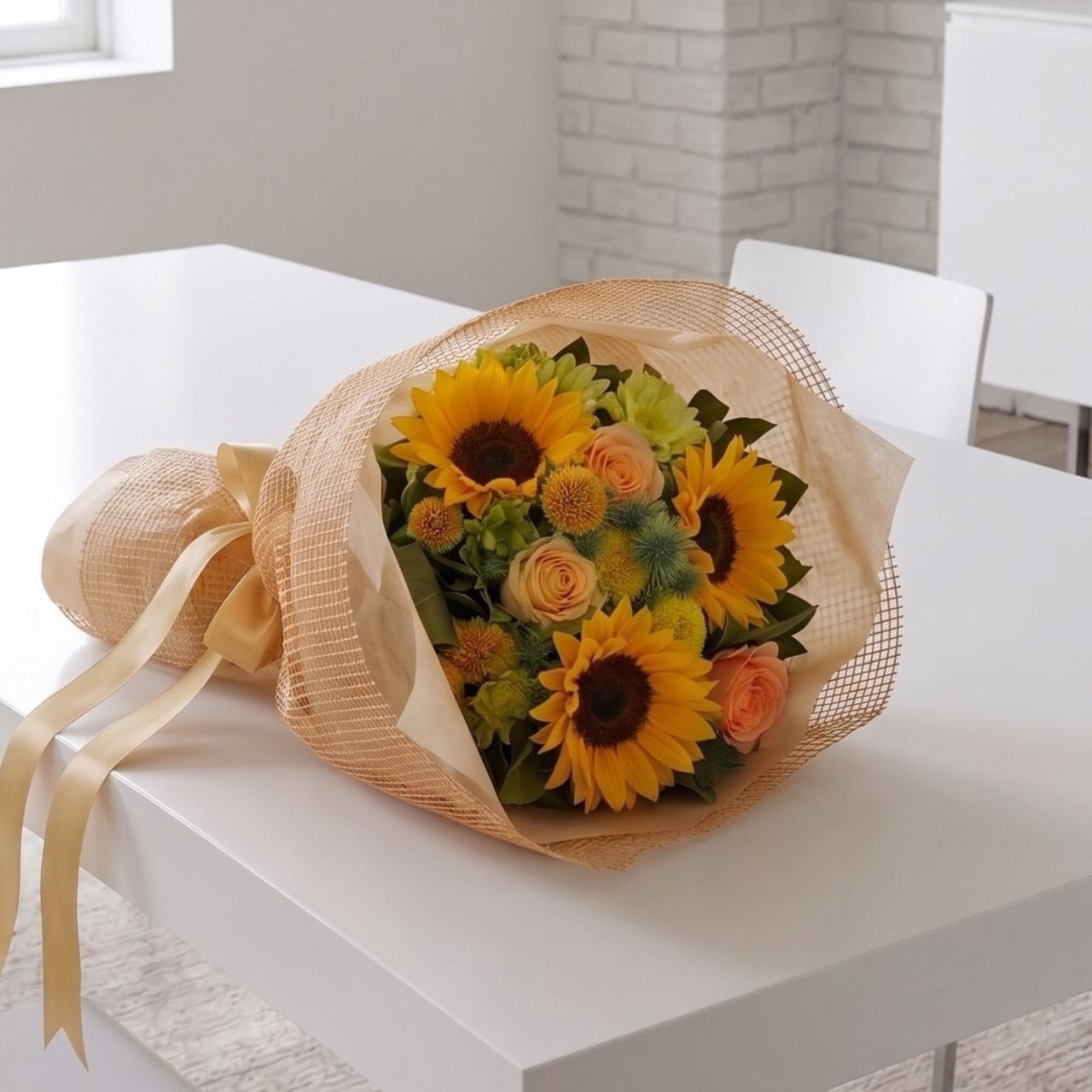 父の日 花束 「お洒落で元気なヒマワリとバラのブーケ」 Mサイズ ひまわり バラ 黄色オレンジ系