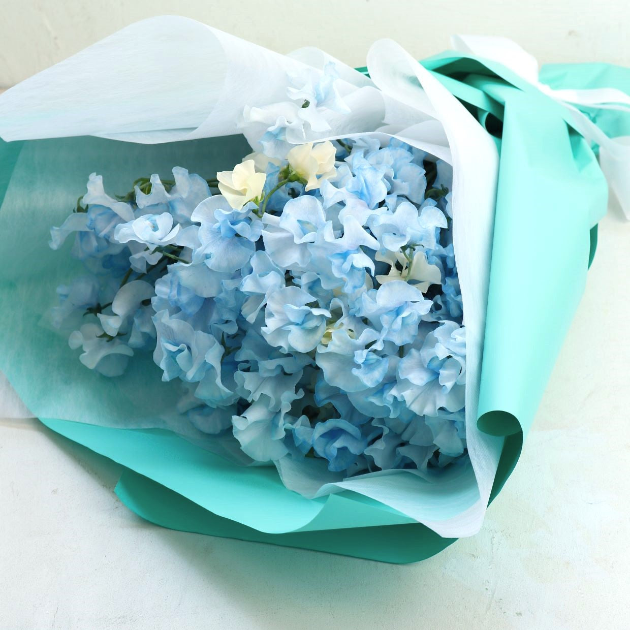 春の花束「香りのよいスイートピーの花束 そらいろ系50本」お誕生日 お祝い 卒業 入学 離職 就職 就任 Mサイズ ブーケ