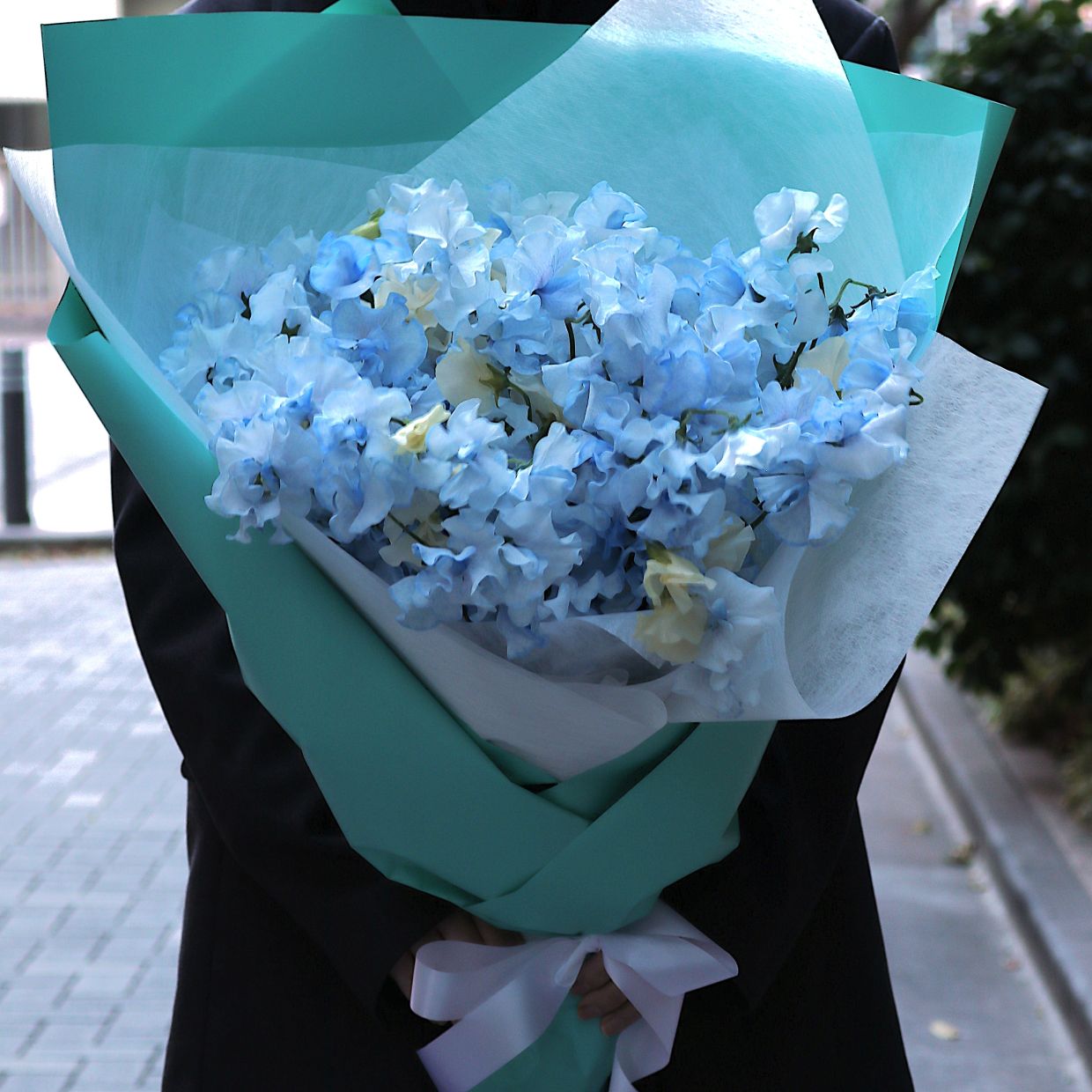 春の花束「香りのよいスイートピーの花束 そらいろ系50本」お誕生日 お祝い 卒業 入学 離職 就職 就任 Mサイズ ブーケ