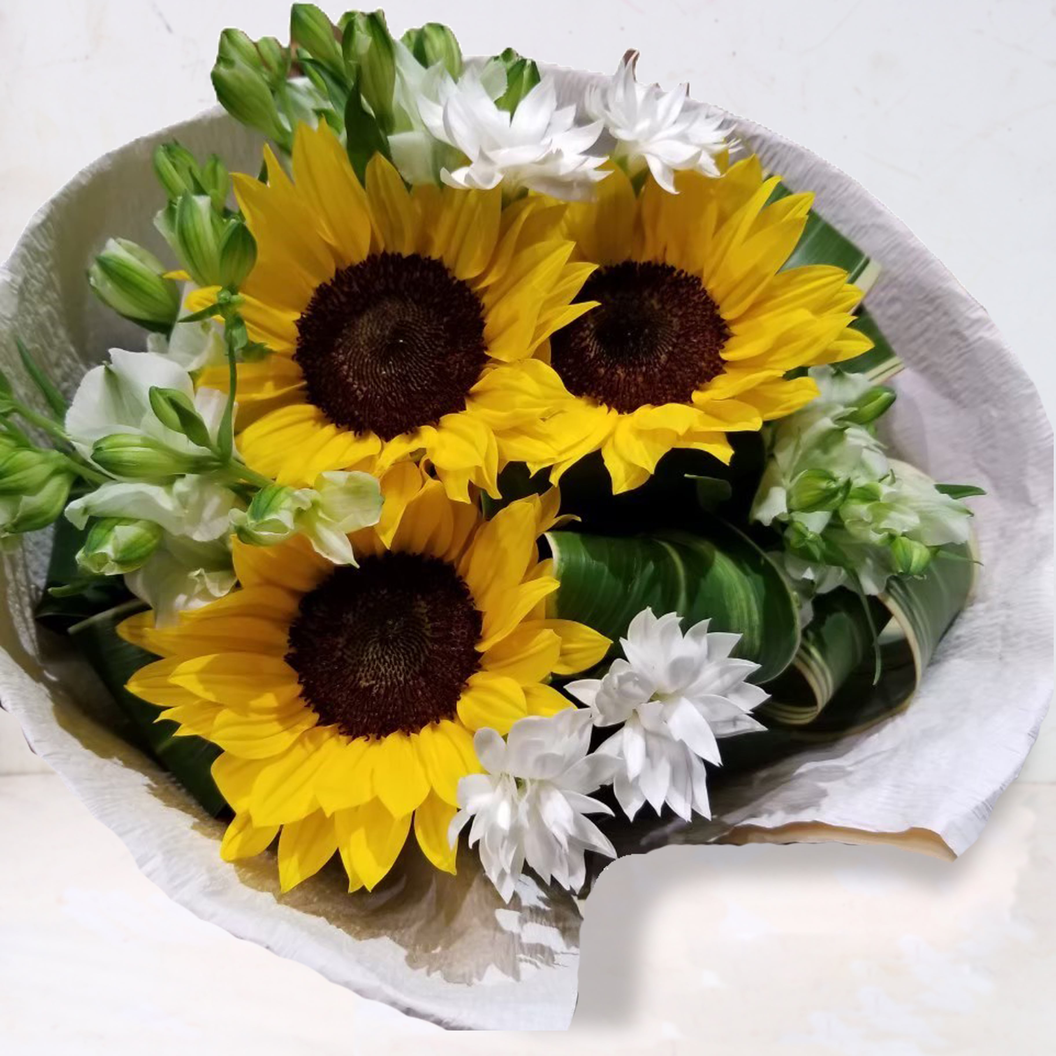 ヒマワリ　花束「ヒマワリと白い花の爽やかブーケ」ひまわり　花束　Sサイズ