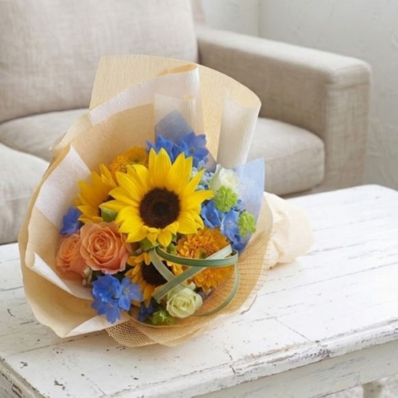 父の日 花束「ひまわりのHappyフレッシュブーケ」Mサイズ ブーケ ヒマワリ　黄色　オレンジ系　