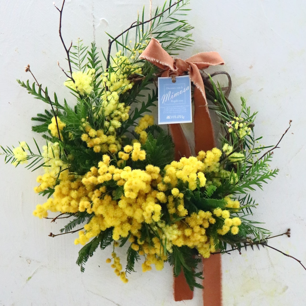 ミモザ「『花言葉は感謝』フランスミモザ・ミランドールの春を呼ぶ〜ドライになるまで楽しむ〜フレッシュクレッセントリースM」ミモザの日　ミランドール　女性に贈る　国際女性デー　身近な女性に感謝をする日　ミモザの日を過ぎてもOK