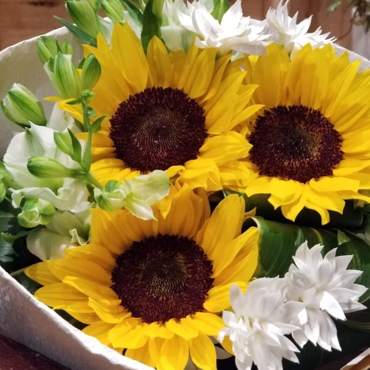 ヒマワリ　花束「ヒマワリと白い花の爽やかブーケ」ひまわり　花束　Sサイズ