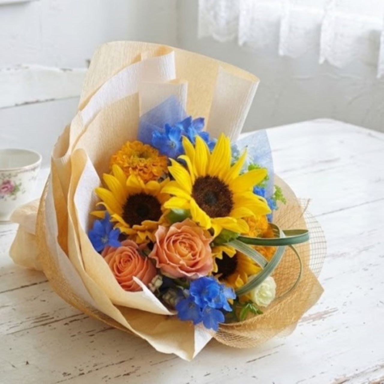 父の日 花束「ひまわりのHappyフレッシュブーケ」Mサイズ ブーケ ヒマワリ　黄色　オレンジ系　
