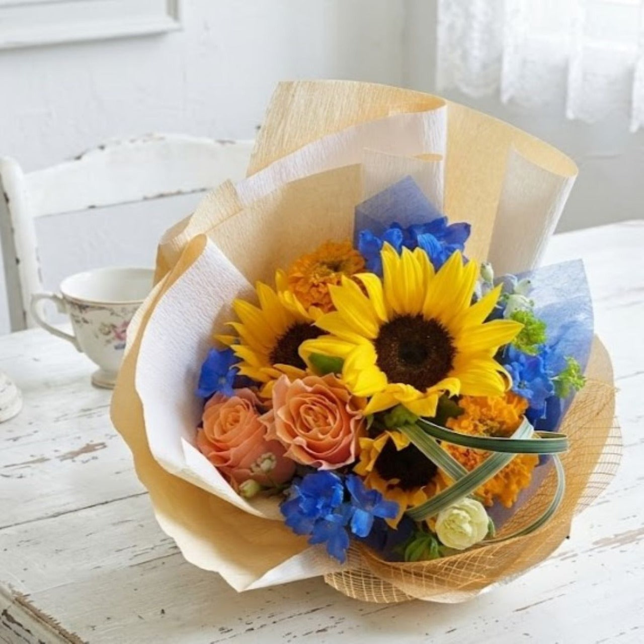 父の日 花束「ひまわりのHappyフレッシュブーケ」Mサイズ ブーケ ヒマワリ　黄色　オレンジ系　