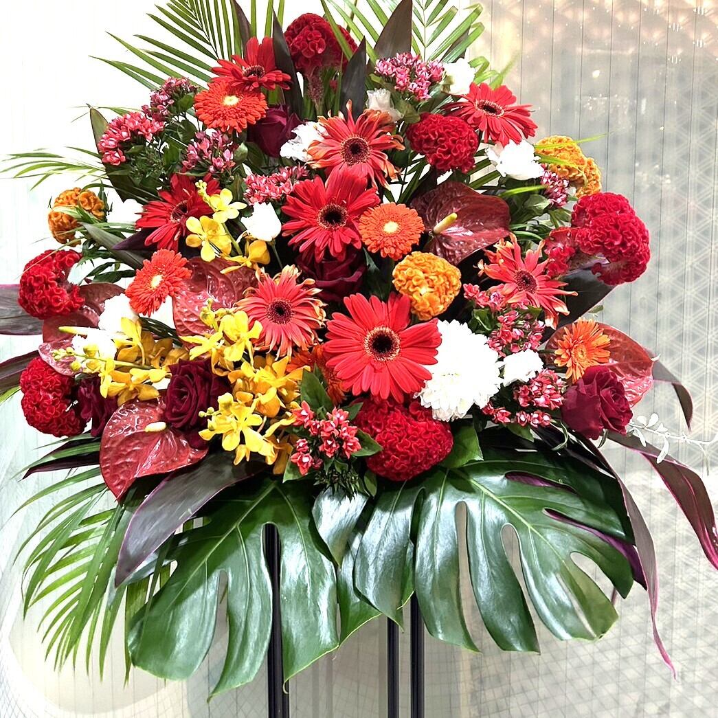 スタンド花「暖色系おまかせミックスカラースタンド１段」お祝い花　フラワースタンド　レッド系MIX　赤　１段パイプ　開店祝い　開業祝い
