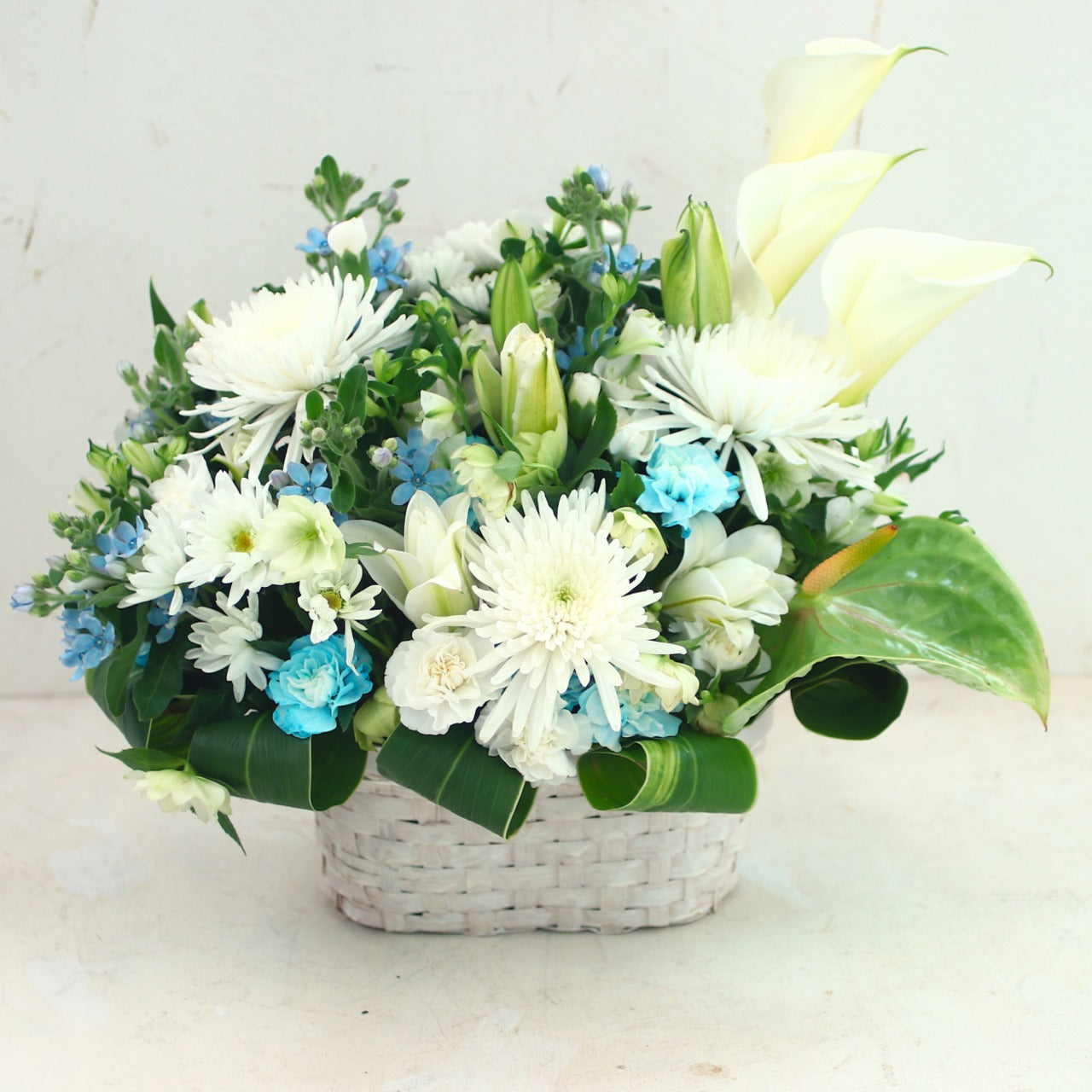 御供花　アレンジメント「白いマムとカラーの白水色のお供え花」Lサイズ　マム　カラー　ホワイト　ライトブルー　15000円（税別）