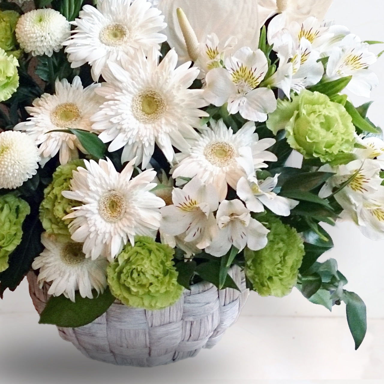 御供花　アレンジメント「白いガーベラとアンスリウムの白緑のお供え花」Lサイズ　ガーベラ　ホワイト　グリーン　15000円（税別）